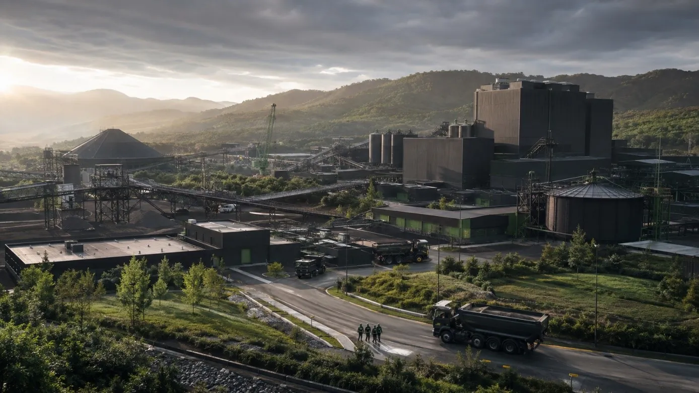 Site industriel intégré dans une vallée boisée, à la lumière du matin