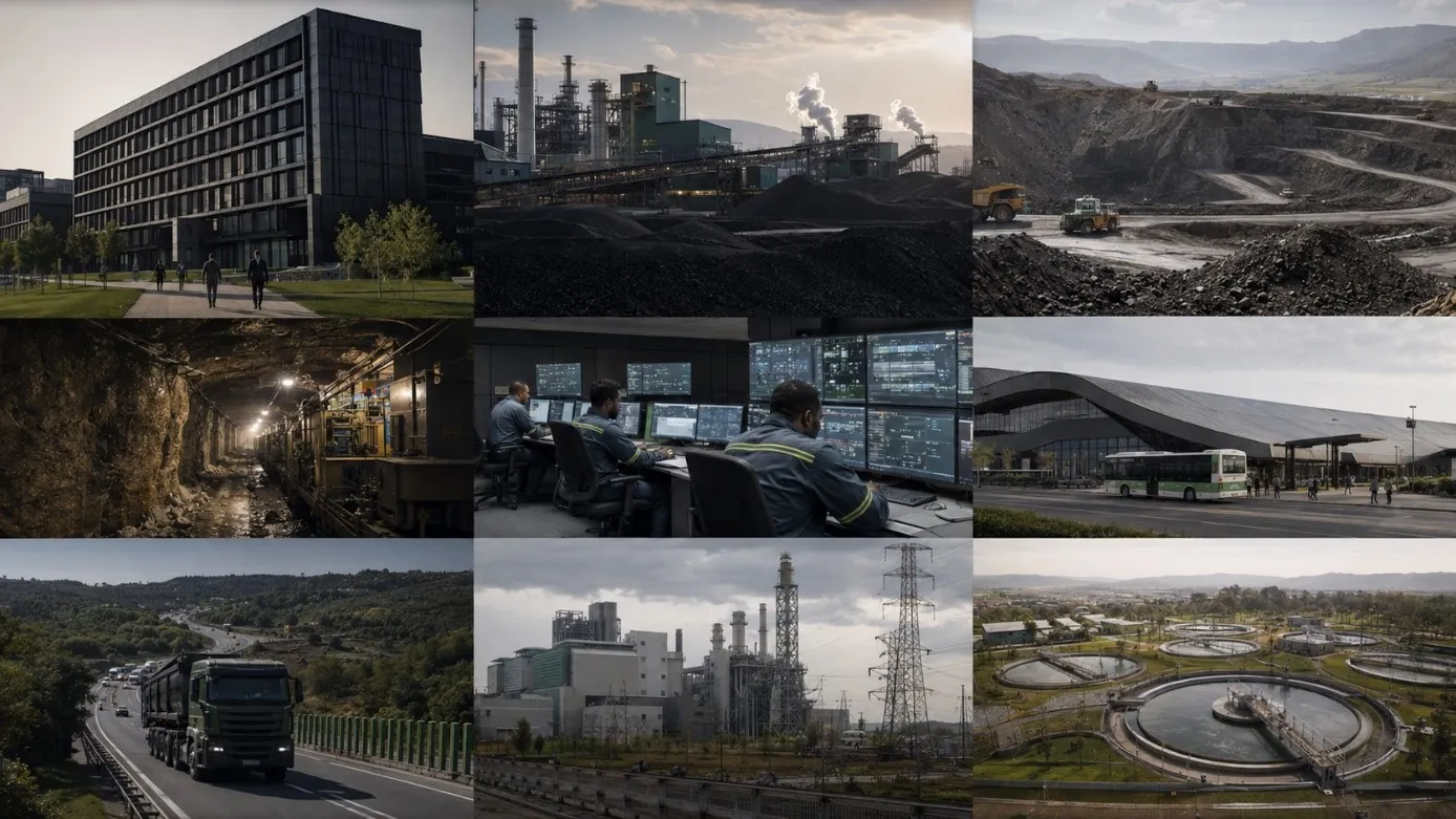 Mosaïque de neuf environnements : bureaux, industrie, mine, tunnel, supervision, transport, logistique, énergie, traitement des eaux